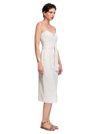 Rosie midi dress in Titanium color styled with Margot flats, front view - worn by model