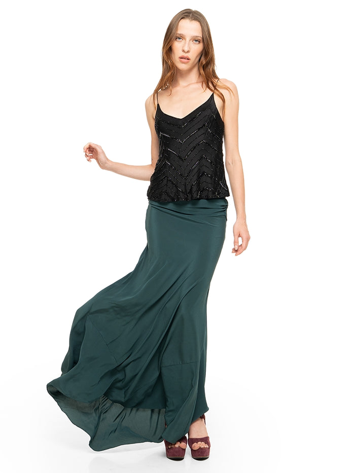 Selma beaded top in black styled with Maz maxi dress and Betty heels, front view - worn by model