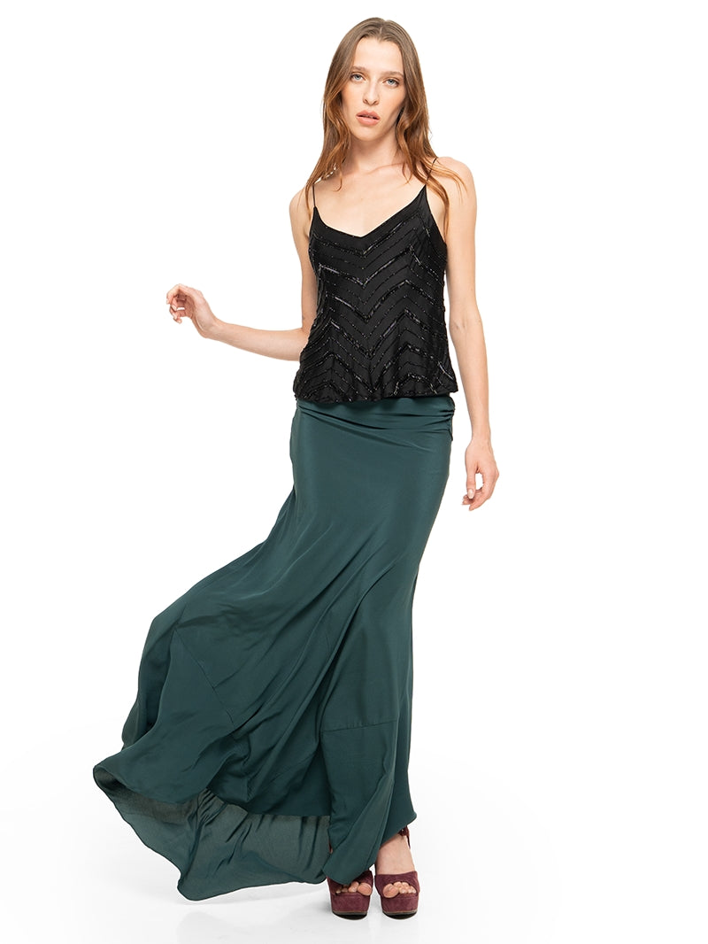 Selma beaded top in black styled with Maz maxi dress and Betty heels, front view - worn by model