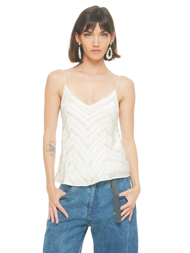 Selma beaded top in natural color, styled with Catch jeans pants, front view - worn by model
