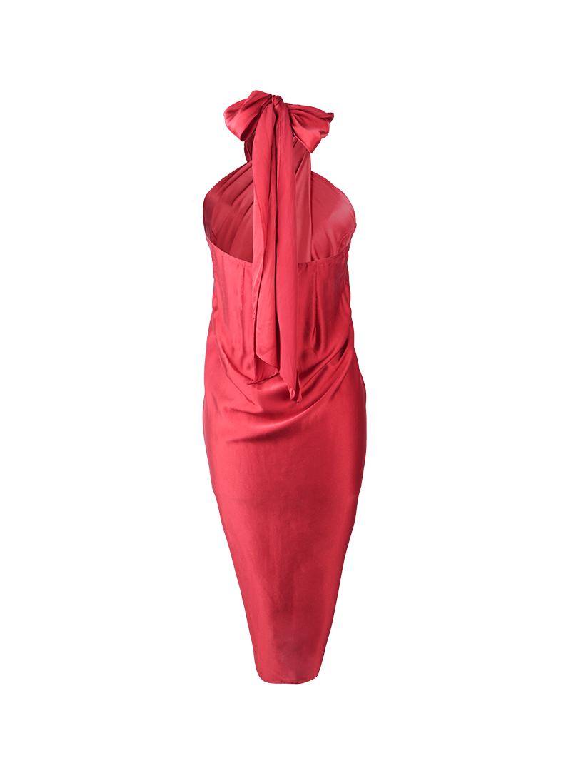 Shakti wrap midi skirt in red styled as a halter dress with gathered tie at the neck - ghost back view