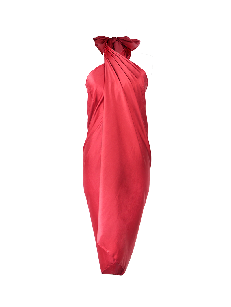 Shakti wrap midi skirt in red styled as a halter dress with gathered tie at the neck - ghost front view
