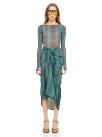 Shakti midi skirt in snake blue print styled with Boga bodysuit and Margot heels, front view - worn by model