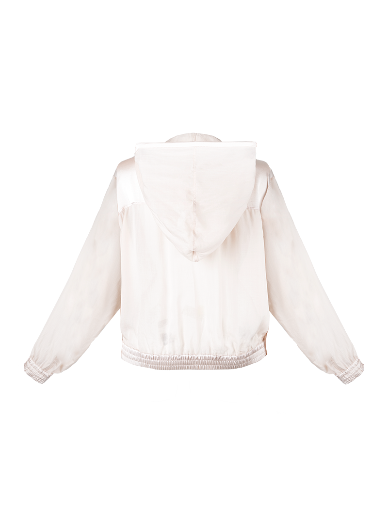 Sheer bomber hoodie jacket in blush - ghost front view