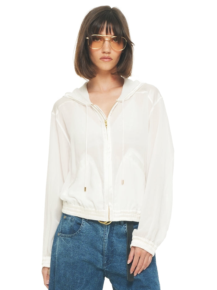 Sheer bomber jacket in natural color, front close view - worn by model