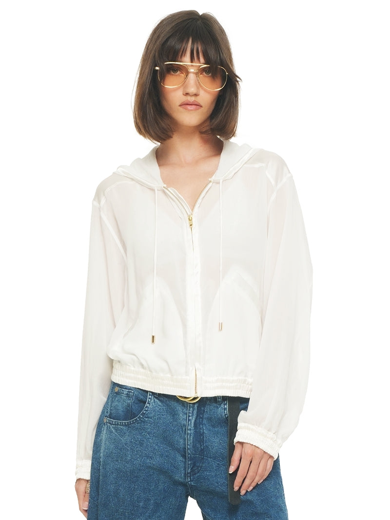 Sheer bomber jacket in natural color, front close view - worn by model