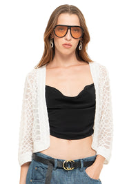 Snake bolero in white styled with Maz top black and Snap jeans pants, front view - worn by model