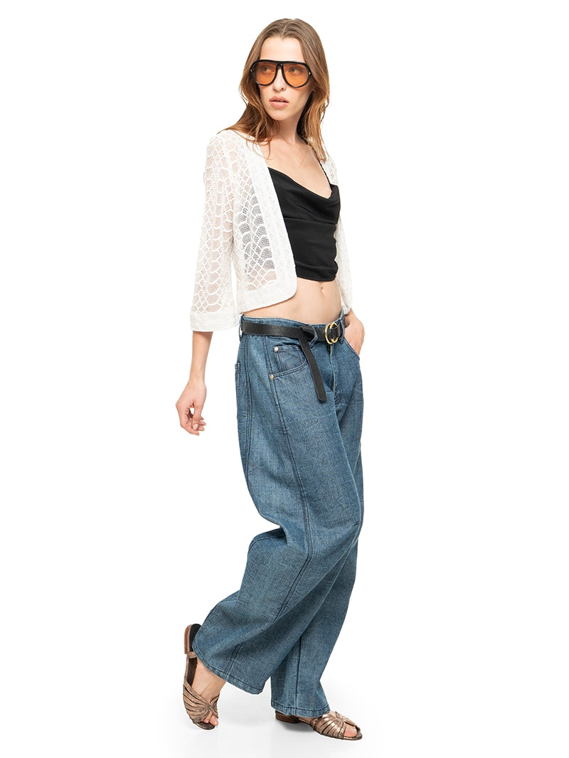 Snake bolero in white styled with Maz top black, Snap jeans pants, and Margot flats, front view - worn by model 