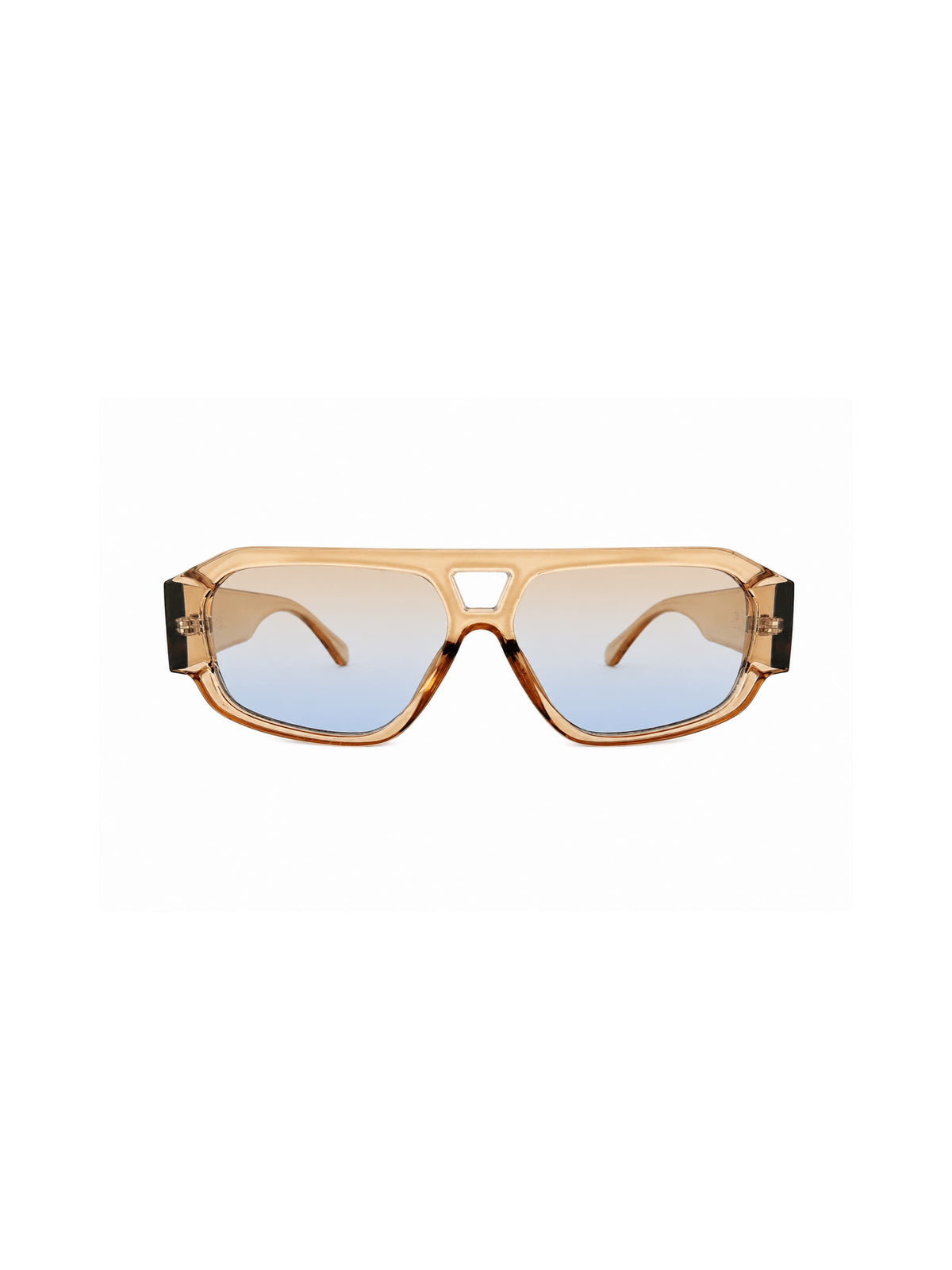 A pair of oversized sunglasses with a gradient lenses that fade from warm beige at the top to light blue at the bottom and a translucent amber frame.