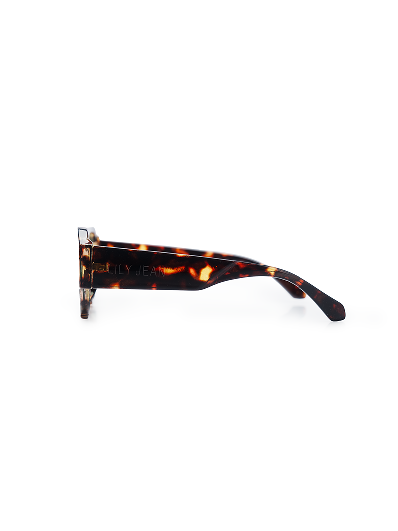Oversized rectangle sunglasses with a dark brown and amber tortoiseshell frame and tinted light green lenses - side view
