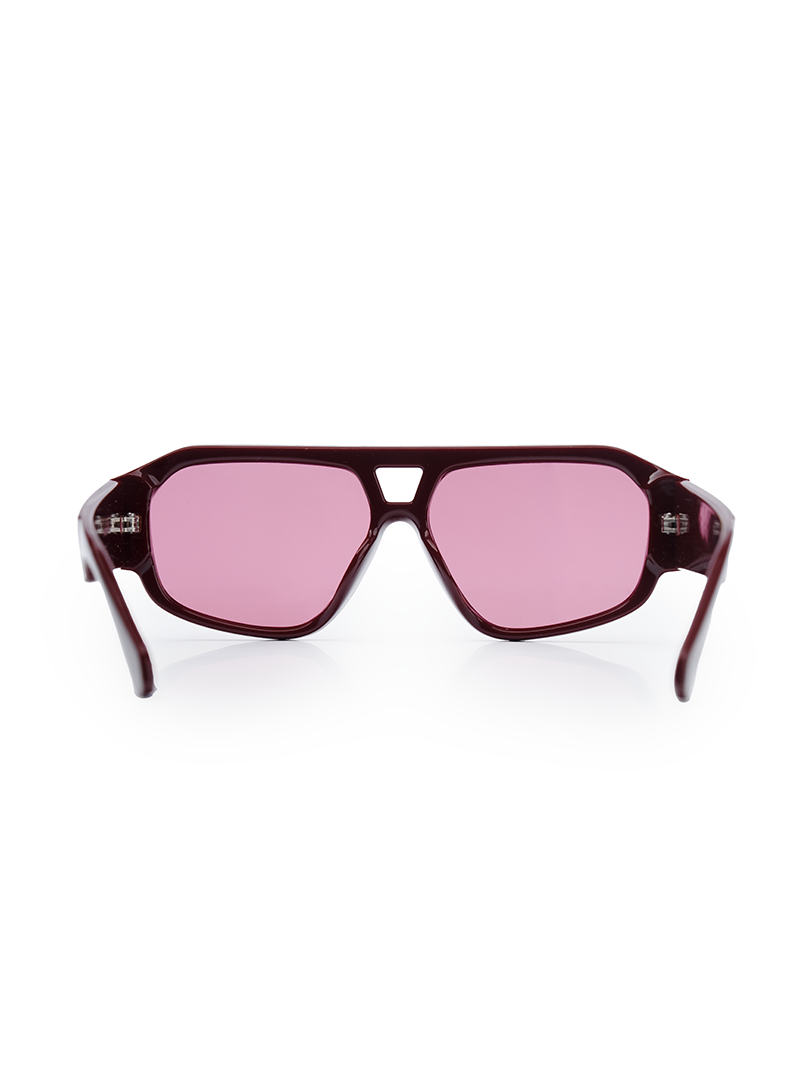 Rectangle sunglasses in deep wine frame with pink-tinted lenses - back view