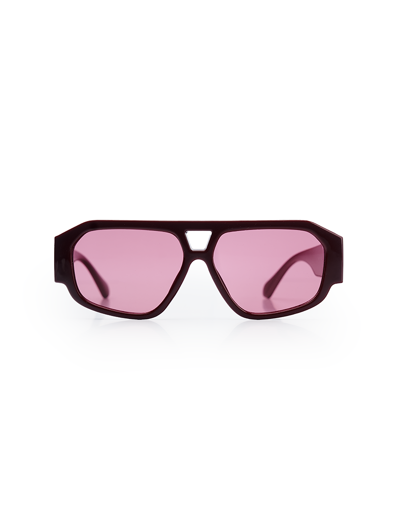 Rectangle sunglasses in deep wine frame with pink-tinted lenses - front view