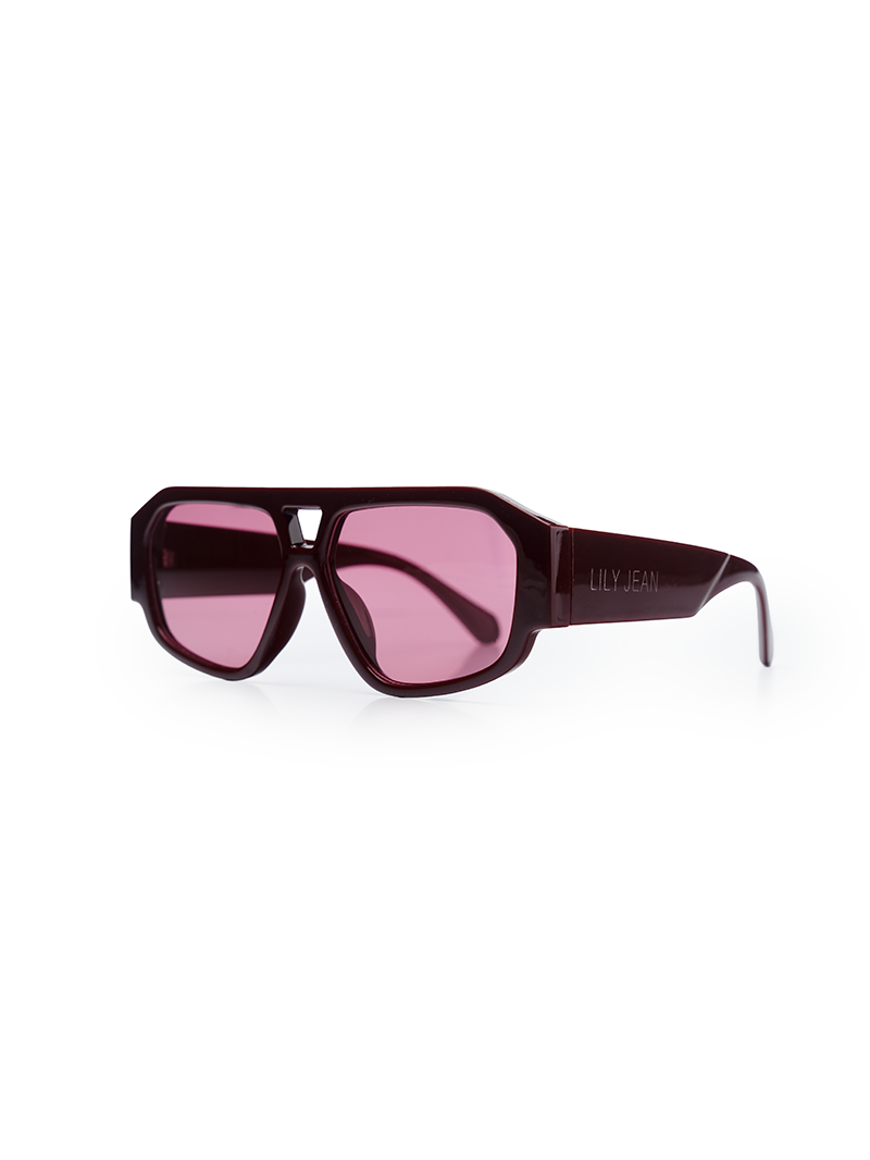 Rectangle sunglasses in deep wine frame with pink-tinted lenses - quarter front view