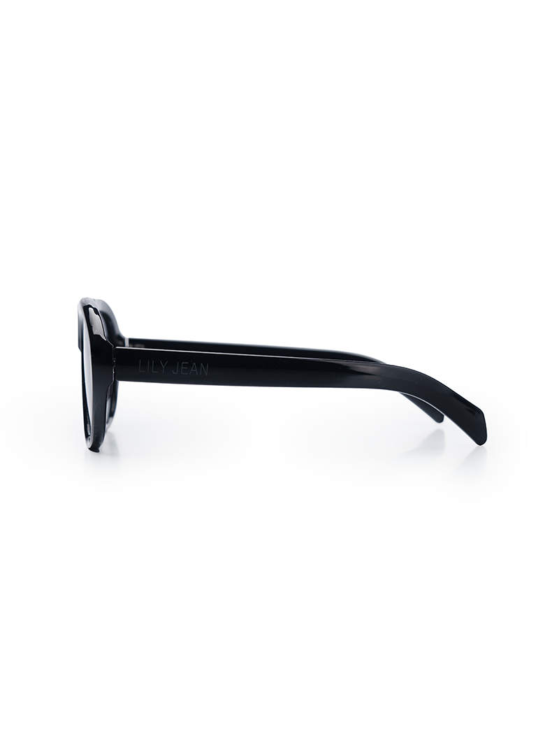 Square-aviator black sunglasses with dark gray lenses - side view