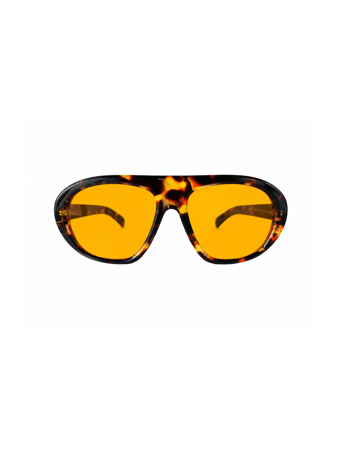 A pair of oversized sunglasses with bright yellow-orange lenses and a dark tortoiseshell frame