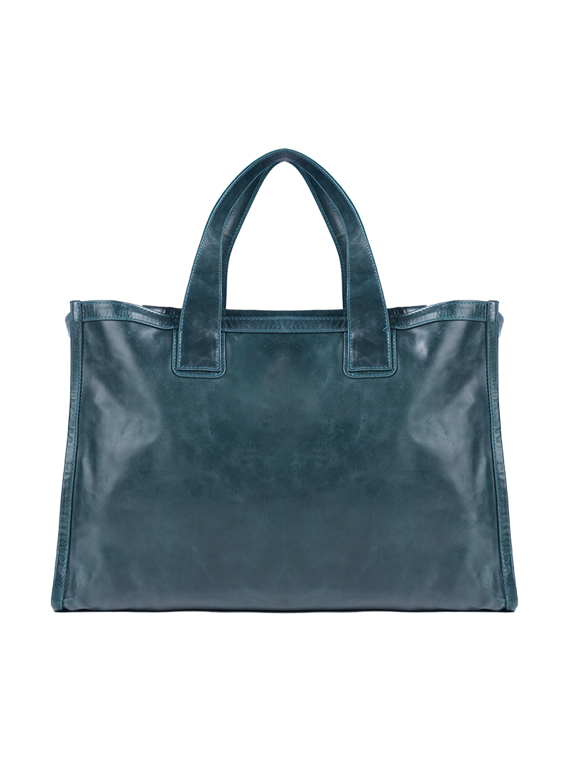 Victoria leather tote bag in pne green color with double top handles - ghost back view