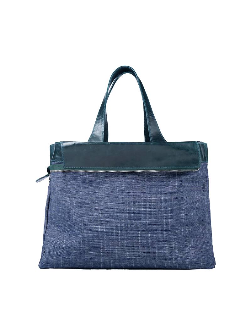 Victoria tote bag in pine green color, featuring blue denim reversed side - ghost back view