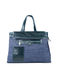 Victoria tote bag in pine green color, featuring blue denim reversed side - ghost front view