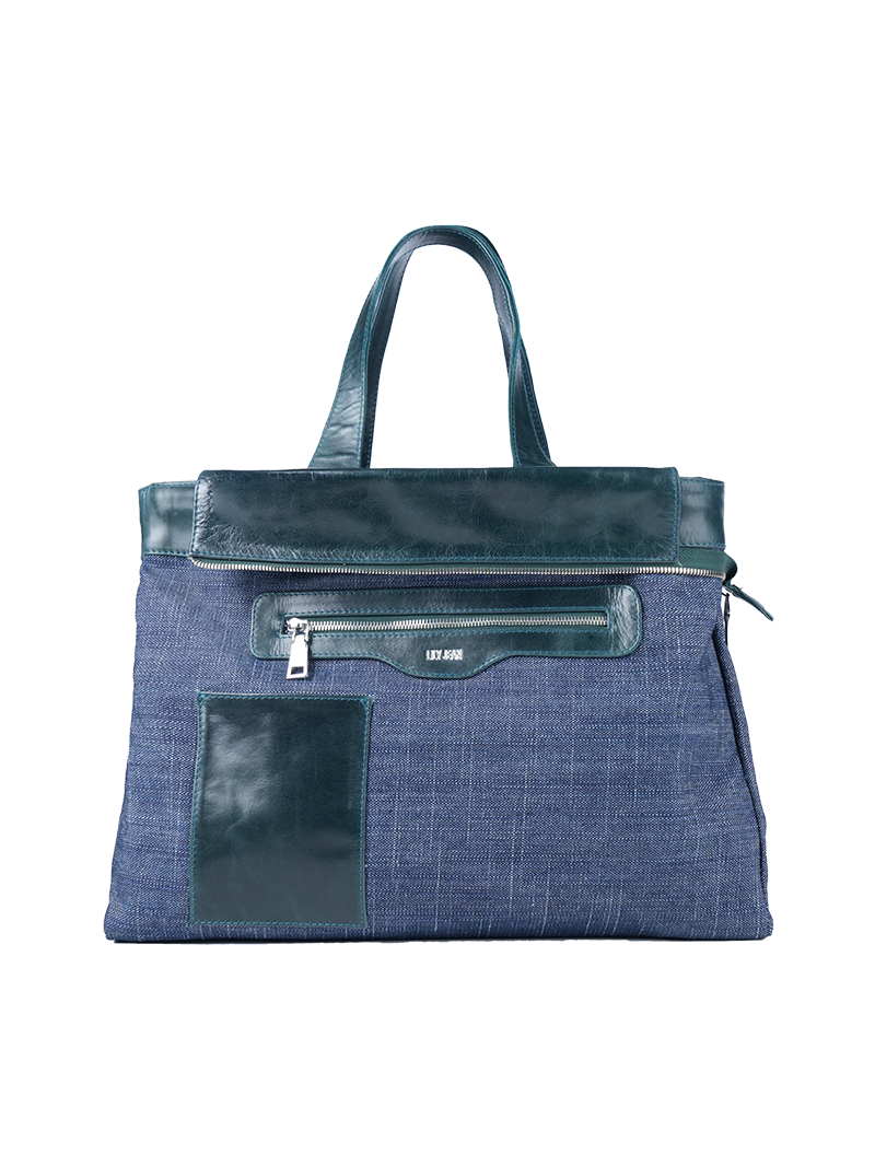 Victoria tote bag in pine green color, featuring blue denim reversed side - ghost front view