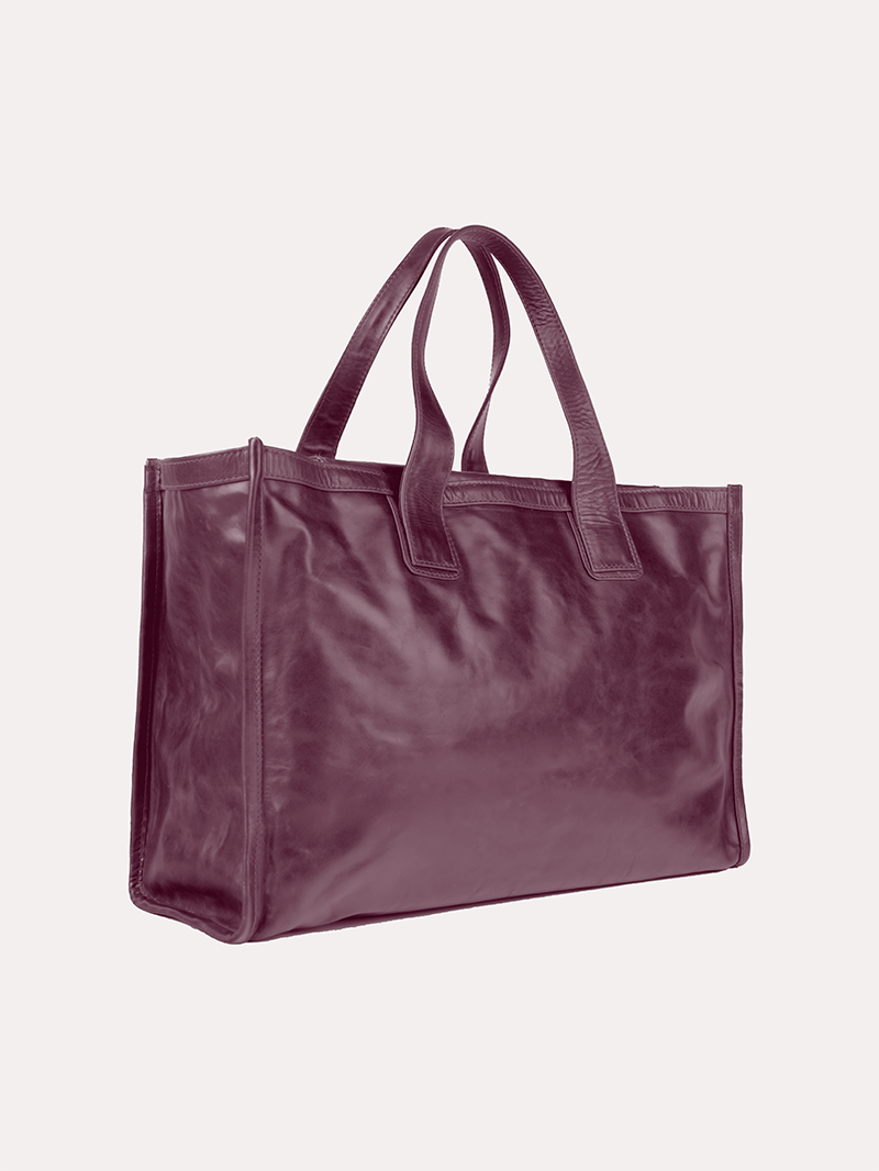 VIctoria leather tote bag in wine - ghost quarter front view