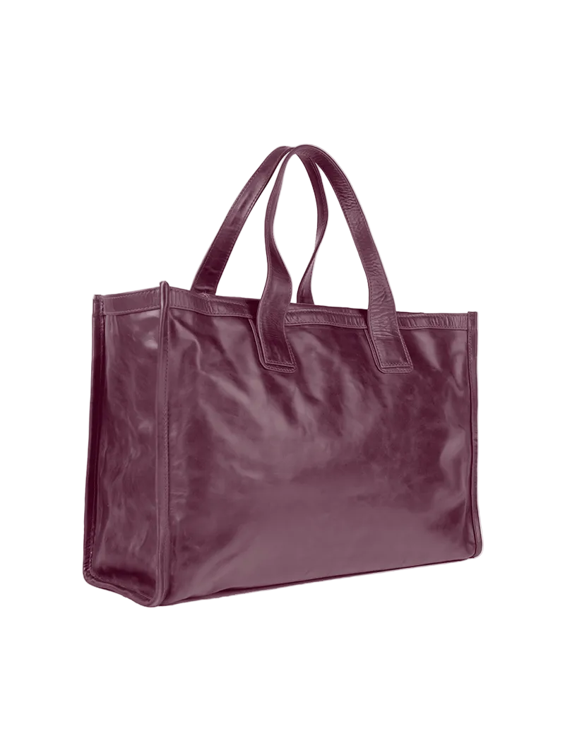 VIctoria leather tote bag in wine - ghost quarter front view