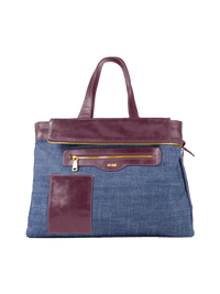 Victoria tote bag in wine color featuring a blue denim inner reversible side with contrasting leather trim - ghost front view