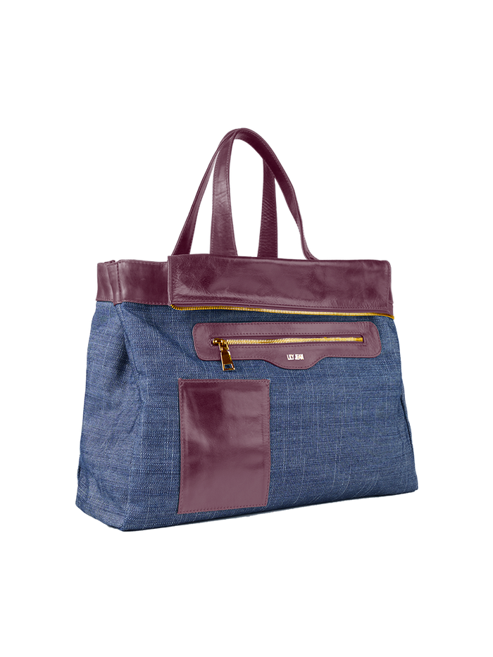 Victoria tote bag in wine color featuring a blue denim inner reversible side with contrasting leather trim - ghost front view
