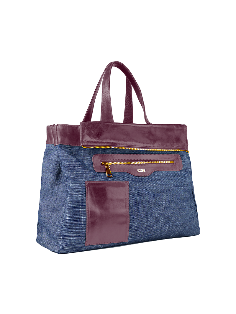 Victoria tote bag in wine color featuring a blue denim inner reversible side with contrasting leather trim - ghost front view
