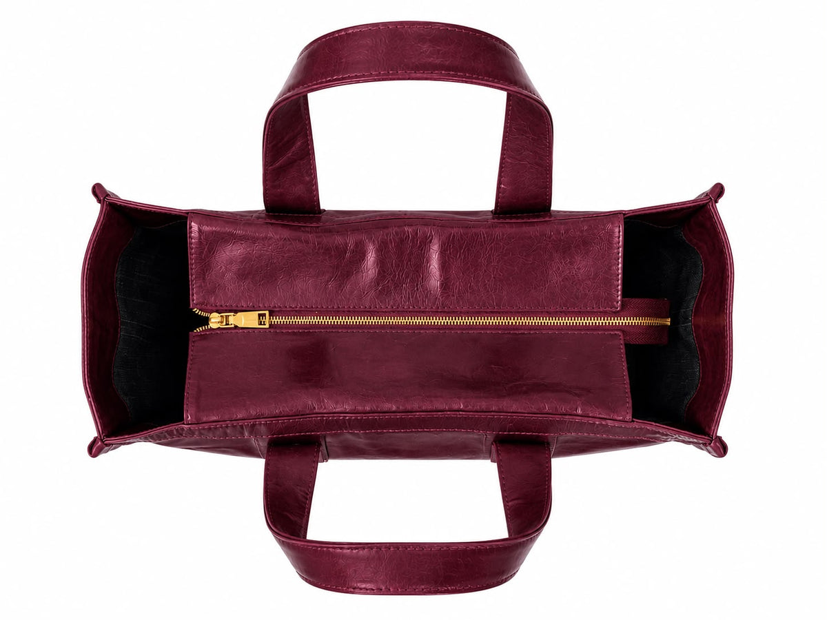 Victoria leather tote bag in wine - ghost top view