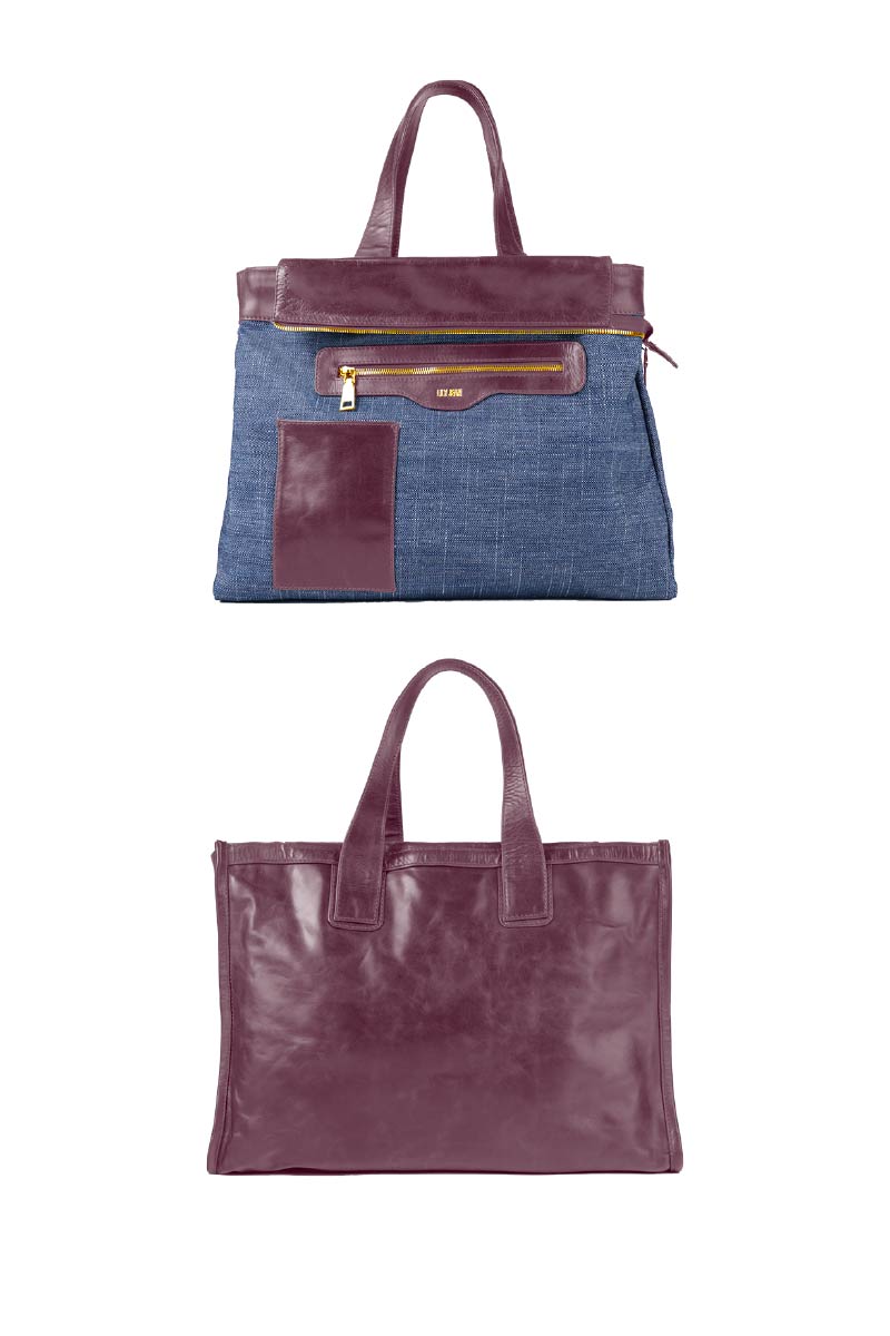Victoria leather tote bag in wine - ghost two sides view